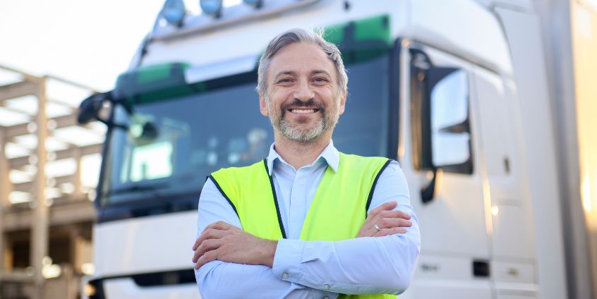 A truck driver standing in front of a truck